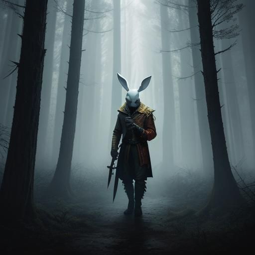 Eerie Forest: Man in Bunny Suit with Knife