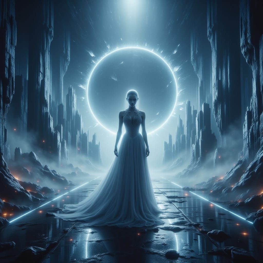 Alien Woman Before Stargate in Surreal Landscape