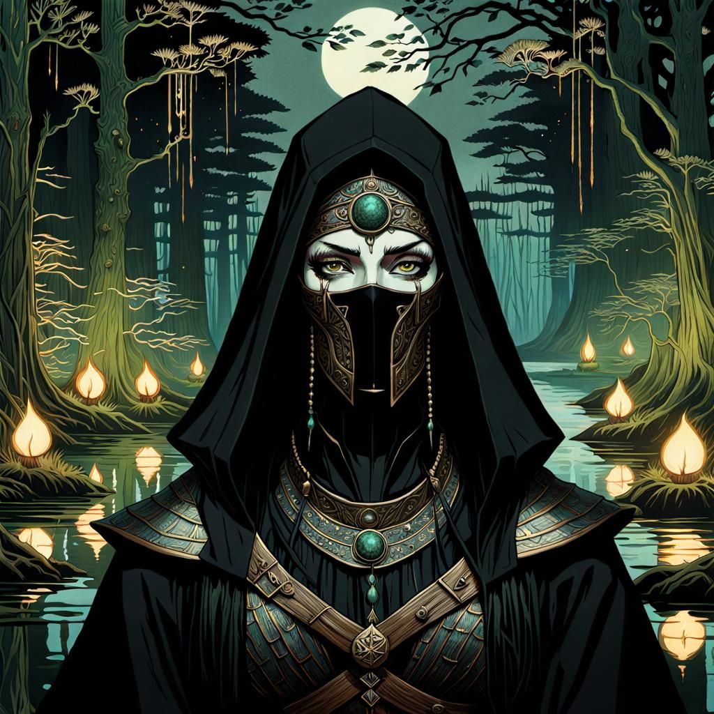 Eerie Witch in Dark Fantasy Swamp Art