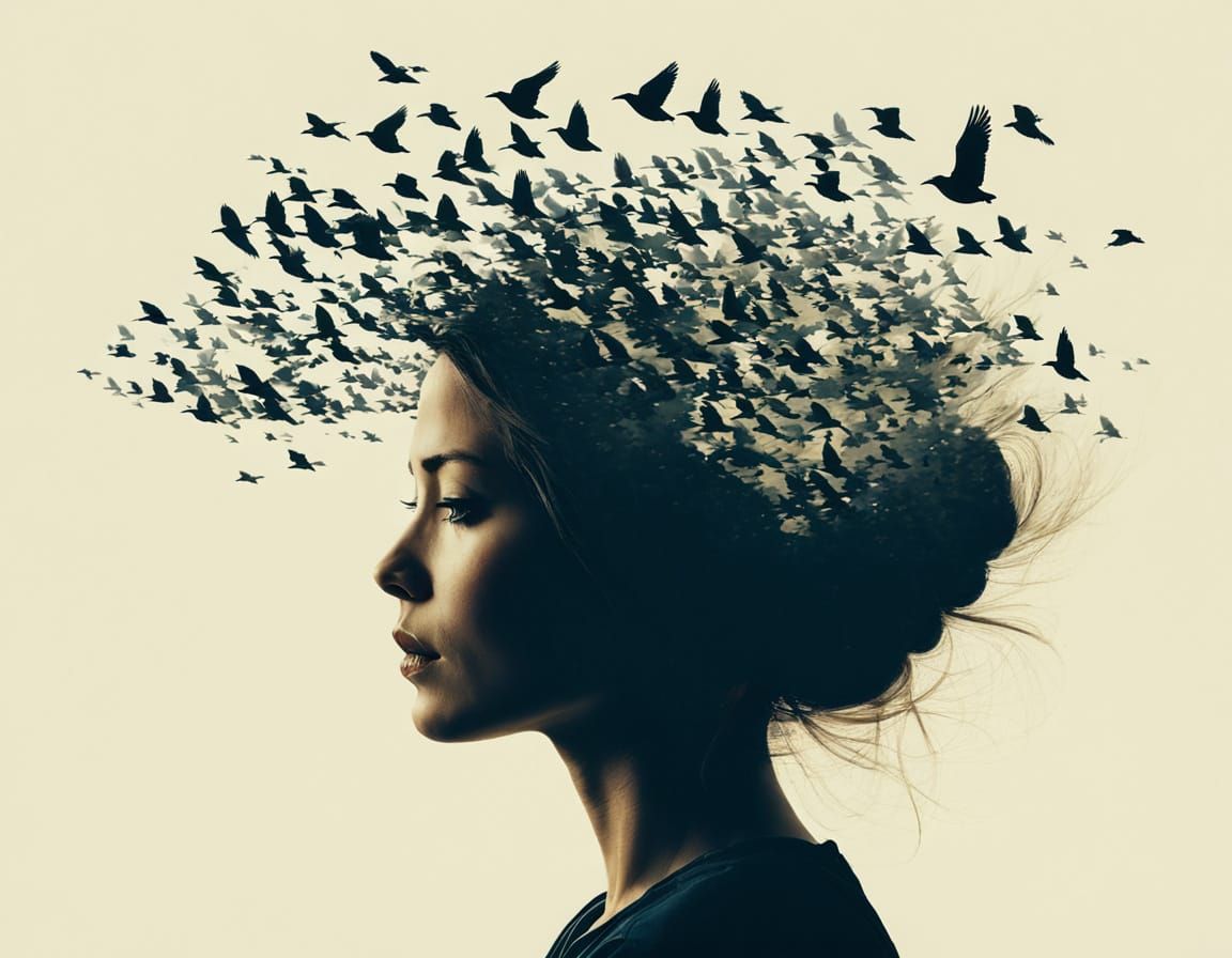 Woman's Silhouette Blending with Birds in Double Exposure Ar...