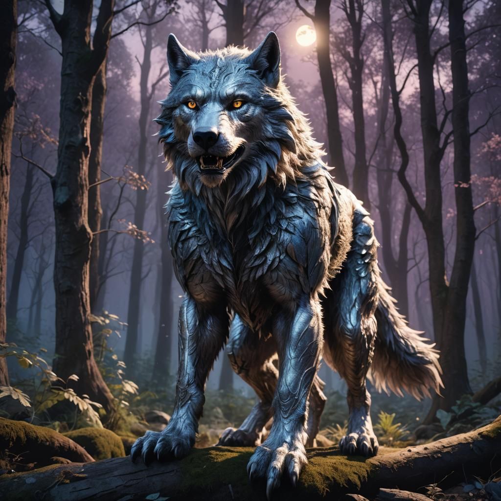Silver Werewolf in Moonlit Woods: Fantasy Concept Art