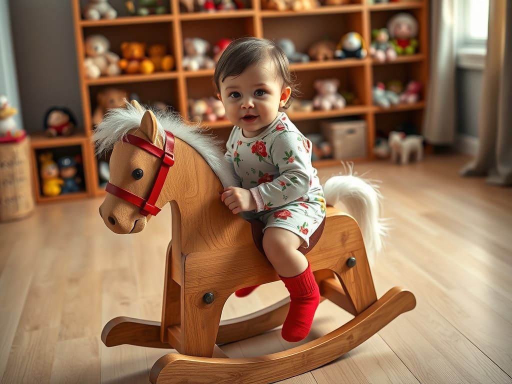 Whimsical Child on a Vibrant Rocking Horse in a Playful Mid ...