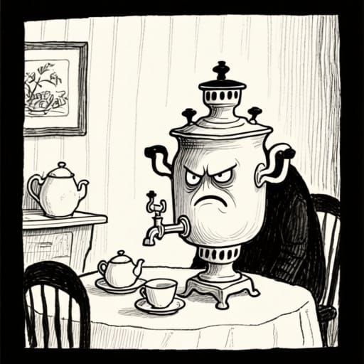 Grumpy Samovar in a Tea Room, Ink Drawing Style