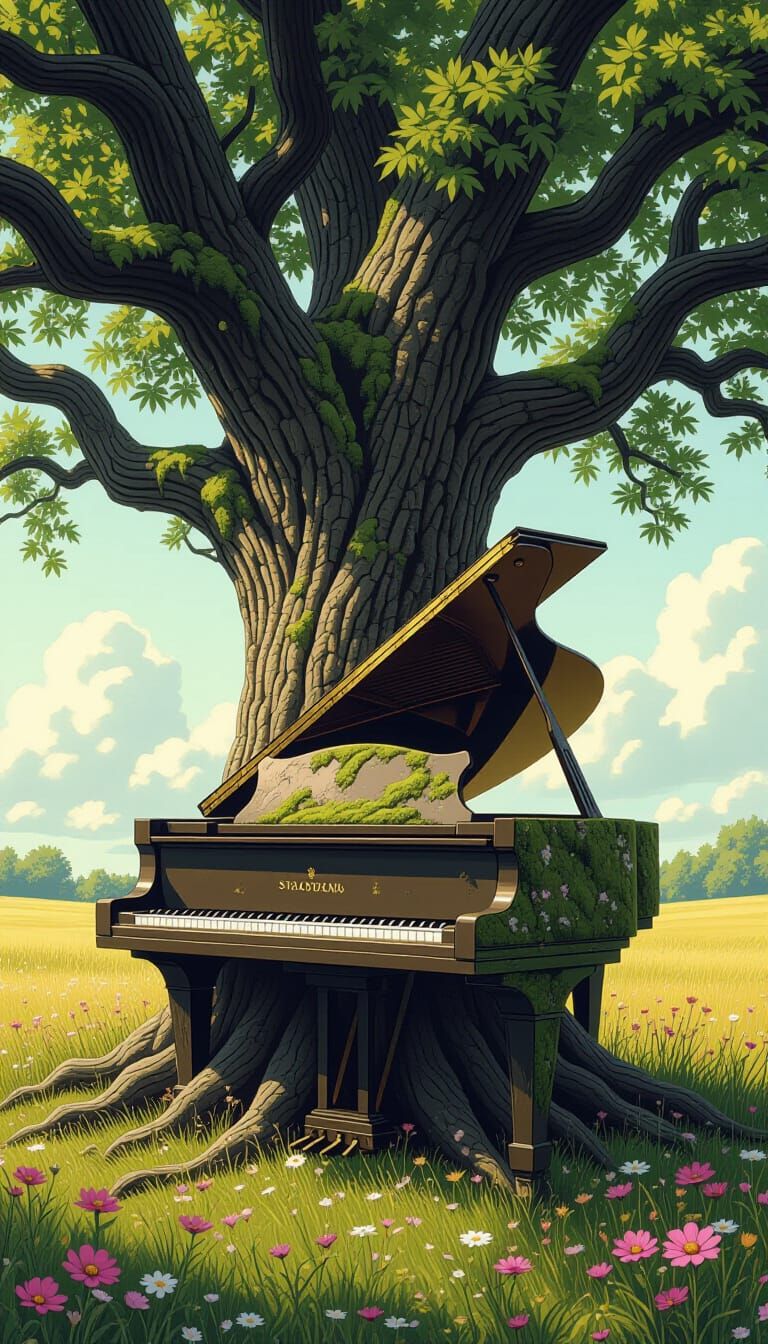 Piano and Oak Tree Merge in Field