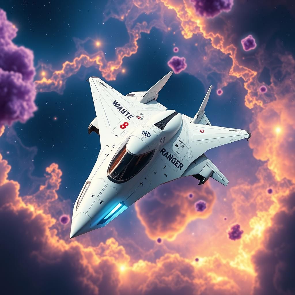 Futuristic White Spaceship Soaring Through Nebula in 80s Sci...