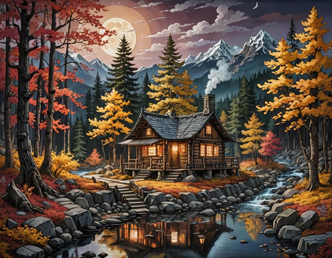 Lumberjack Cabin in Autumn Forest, Wang Jian Style