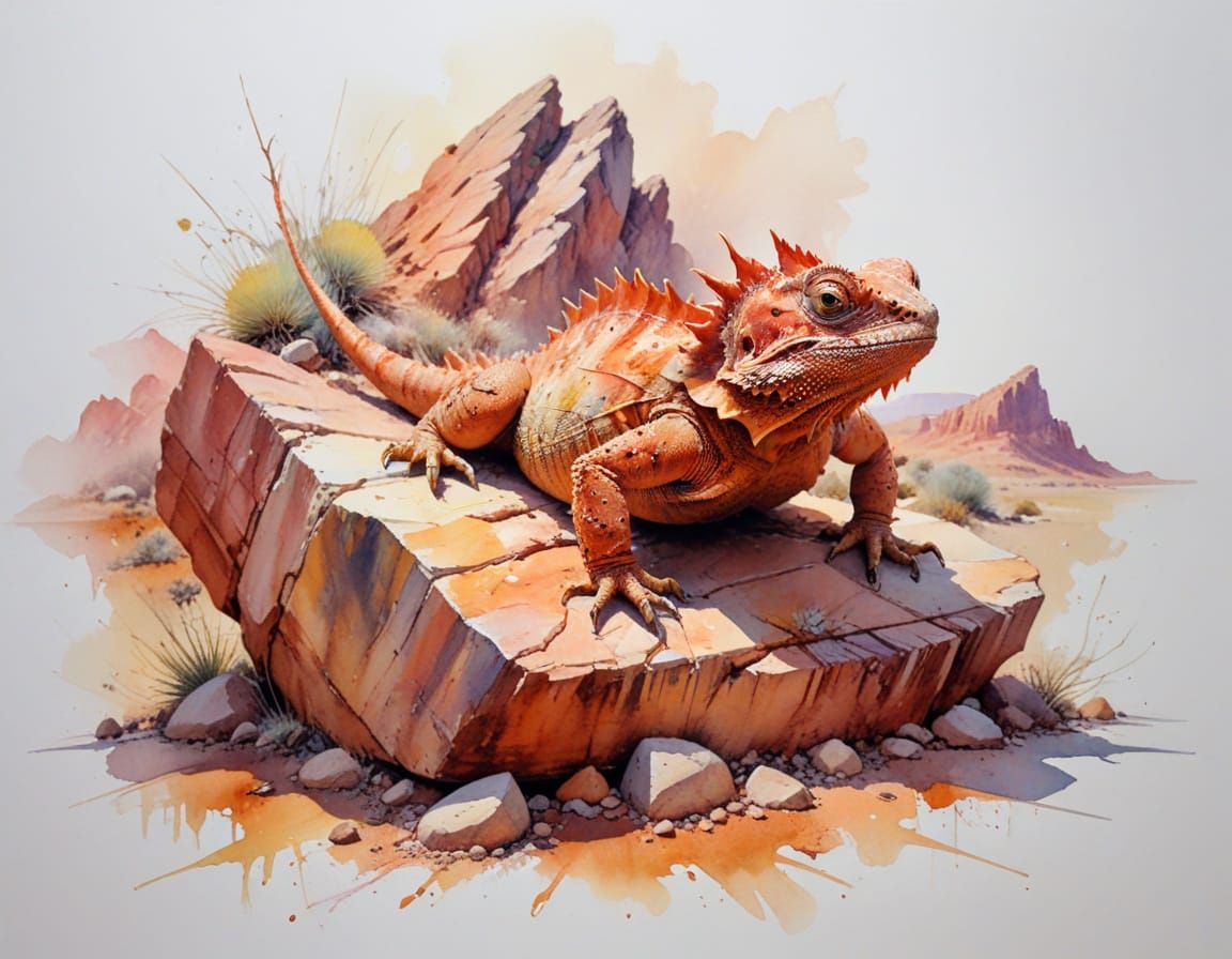Desert Canyon with Lizard in Warm Watercolor Washes