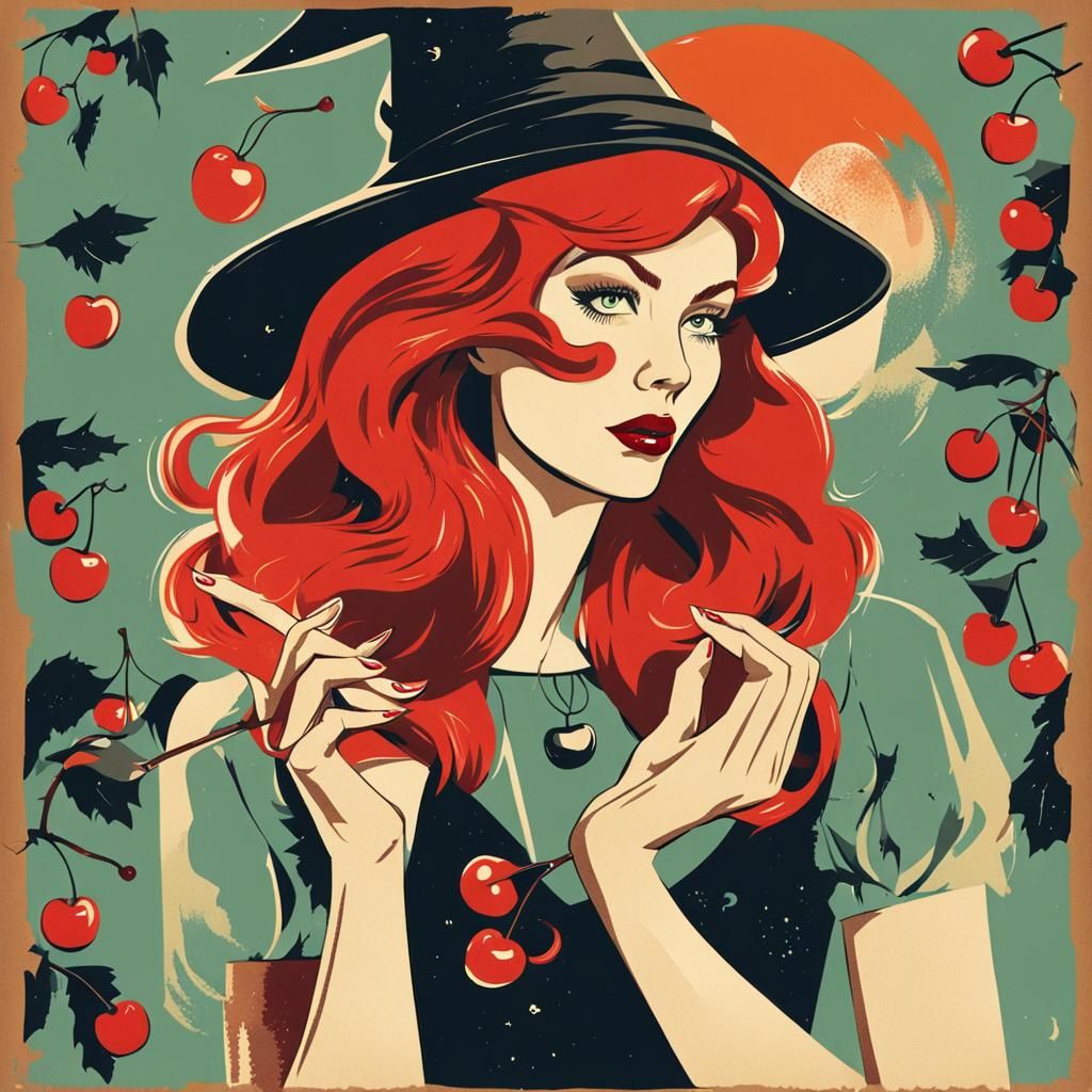 Retro Mid-Century Witch Biting a Cherry