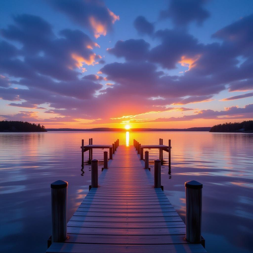Sunset View from Pier Over Calm Lake