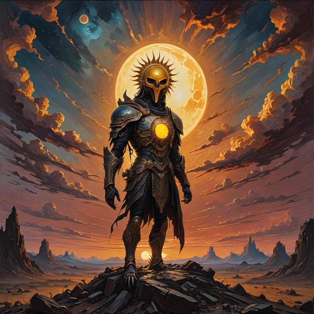 Egg God Oversees Barren World as Oil Painting