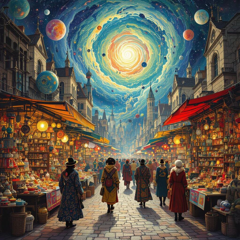 Surreal Marketplace in Gravity-Defying City