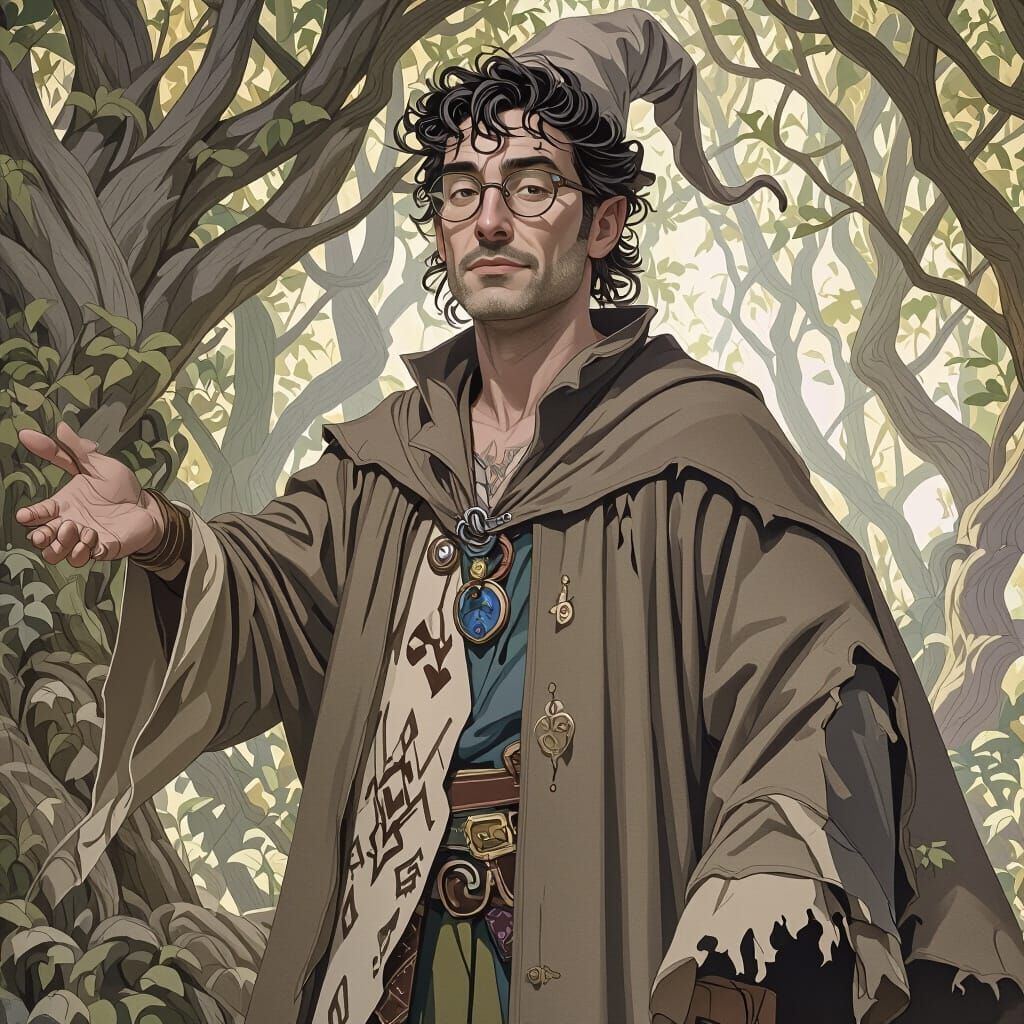 Whimsical Wizard in Mystical Forest, Digital Art