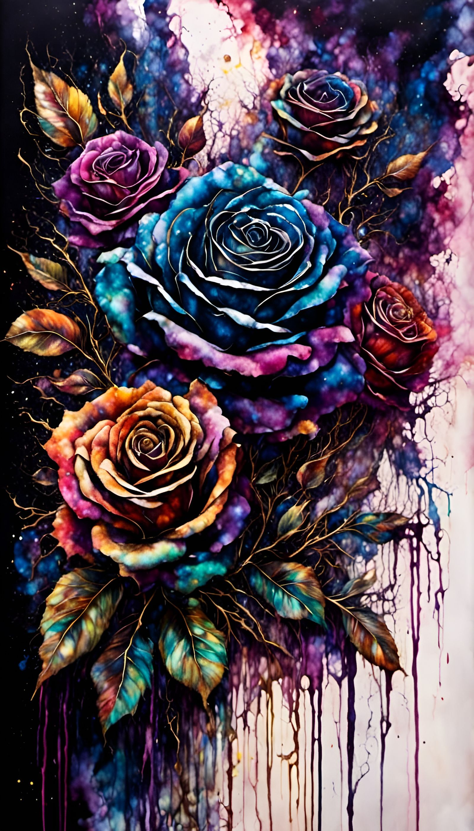 Iridescent Rainbow Roses in Mixed Media Style