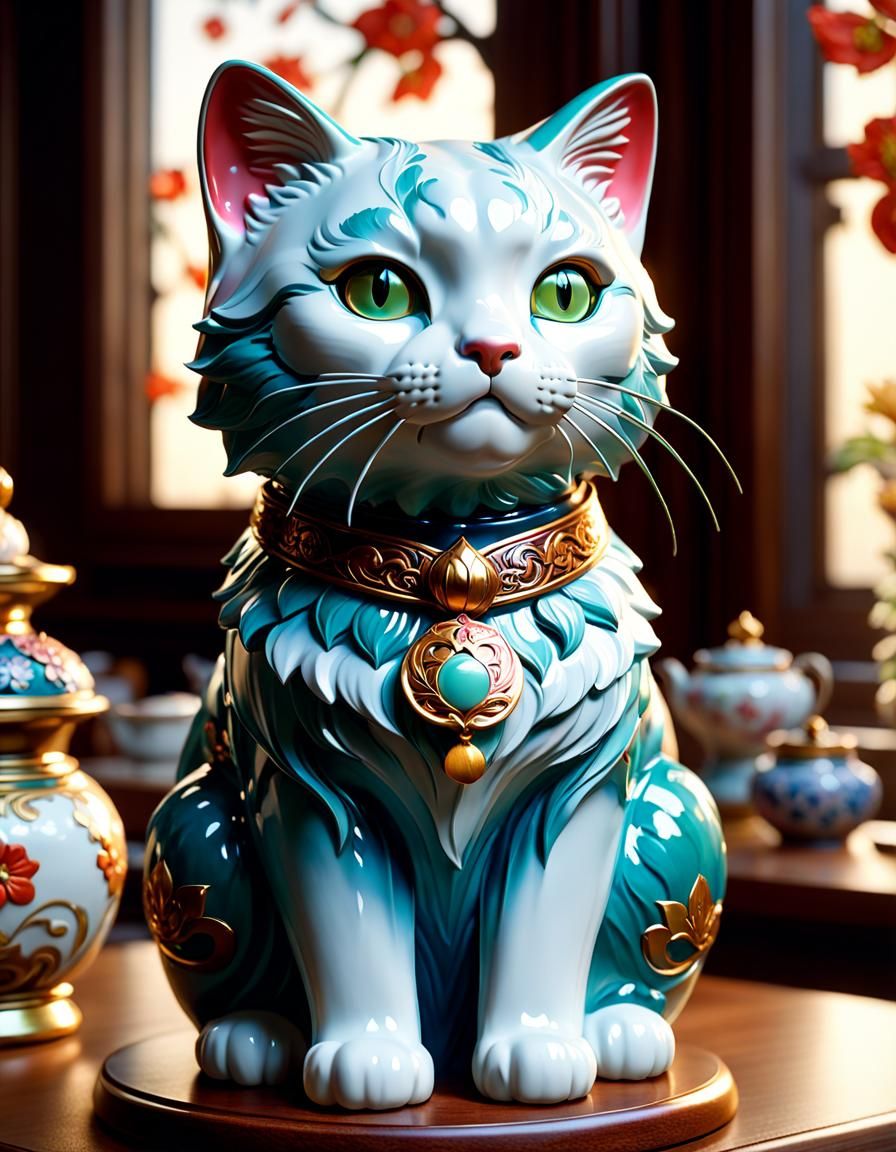 Art Nouveau Lucky Cat Porcelain Figurine