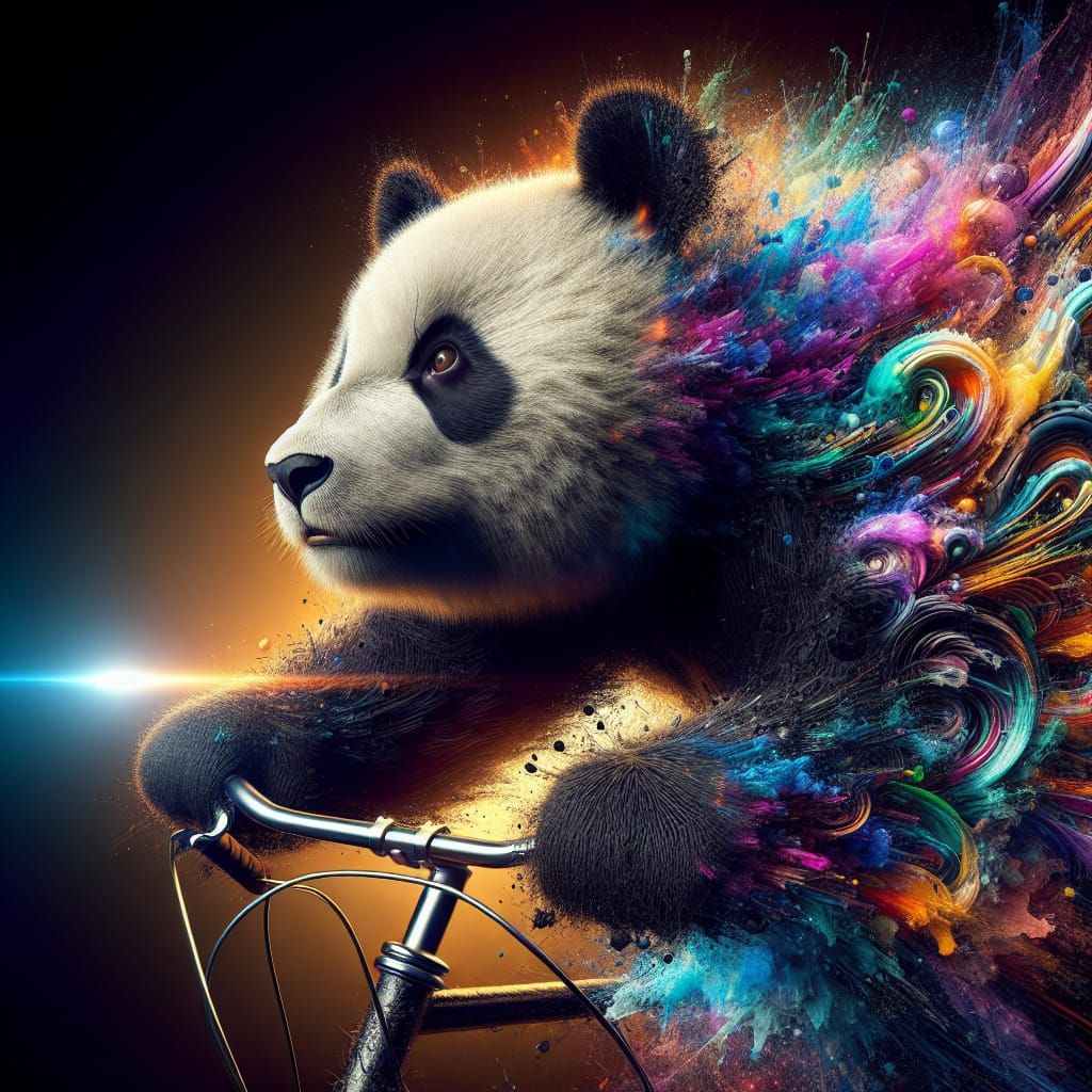 Hyper-Realistic Panda Riding Bicycle in Vibrant Splash Art S...