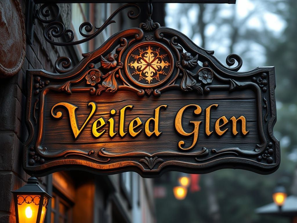 Mysterious Wooden Tavern Sign in Elegant Bas Relief Art Styl...