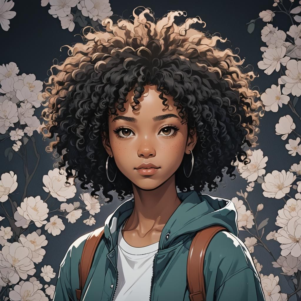 Anime Portrait: Biracial Woman with Afro in Cel-Shaded Style