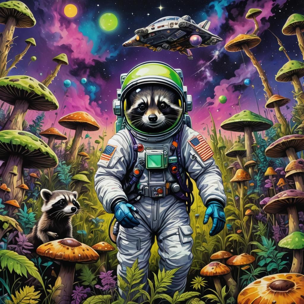 Psychedelic Astronaut with Raccoon in Graffiti Art