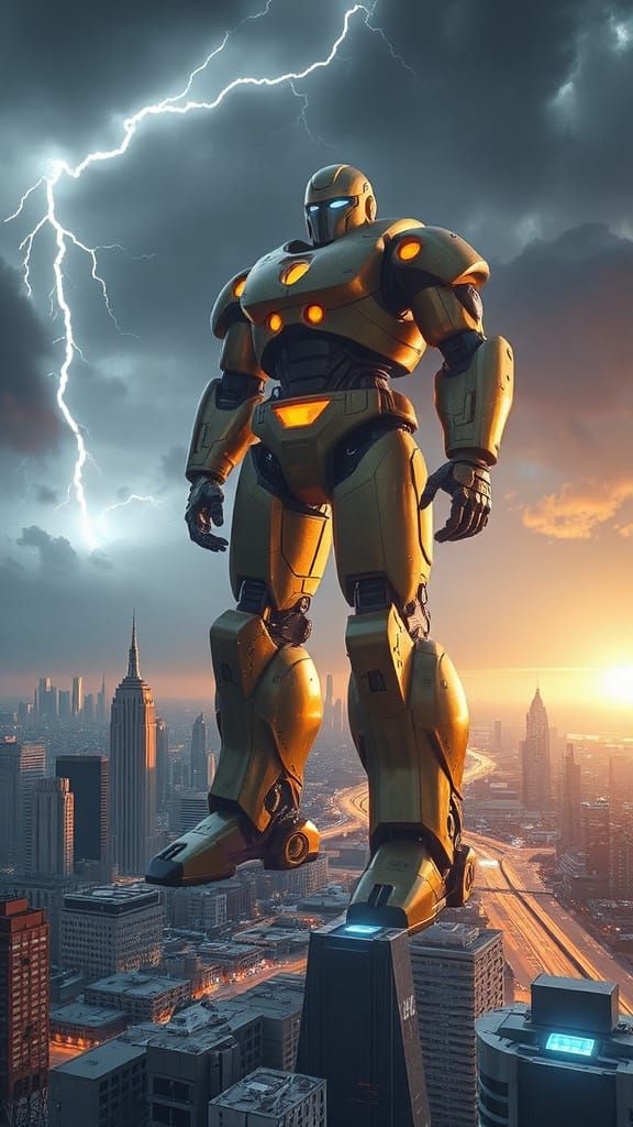 Gigantic Robot Guardian Watches Over Futuristic City in Gold...