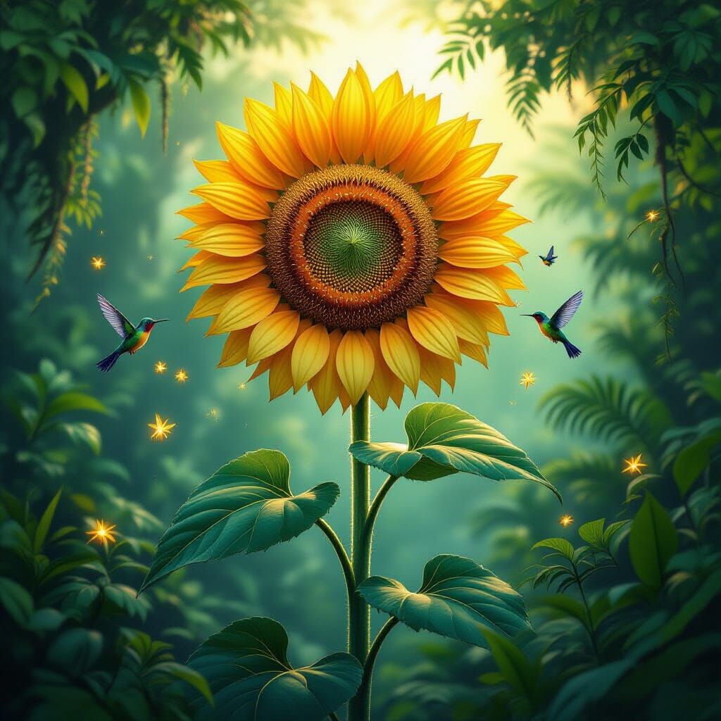 Giant Enchanted Sunflower in Lush Jungle Canopy