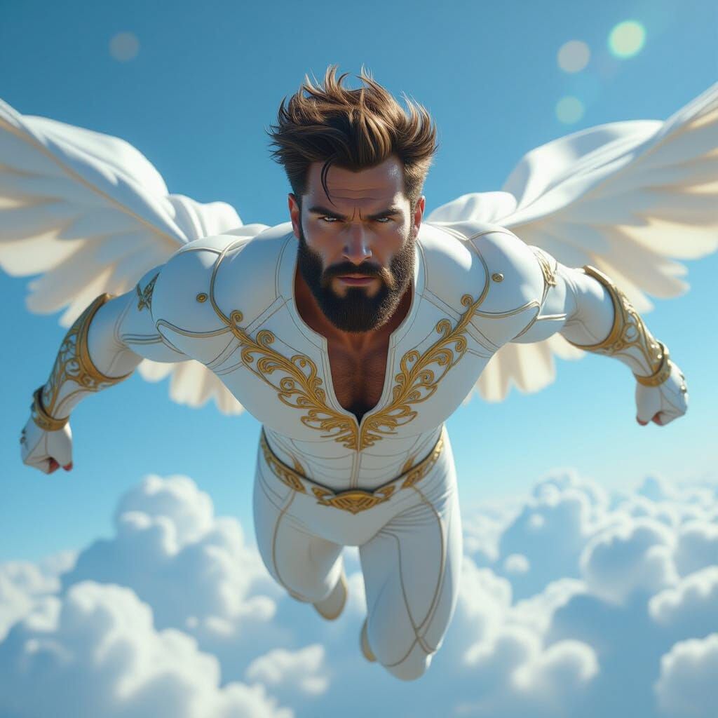 Superhero in White Suit Flying, Digital Art
