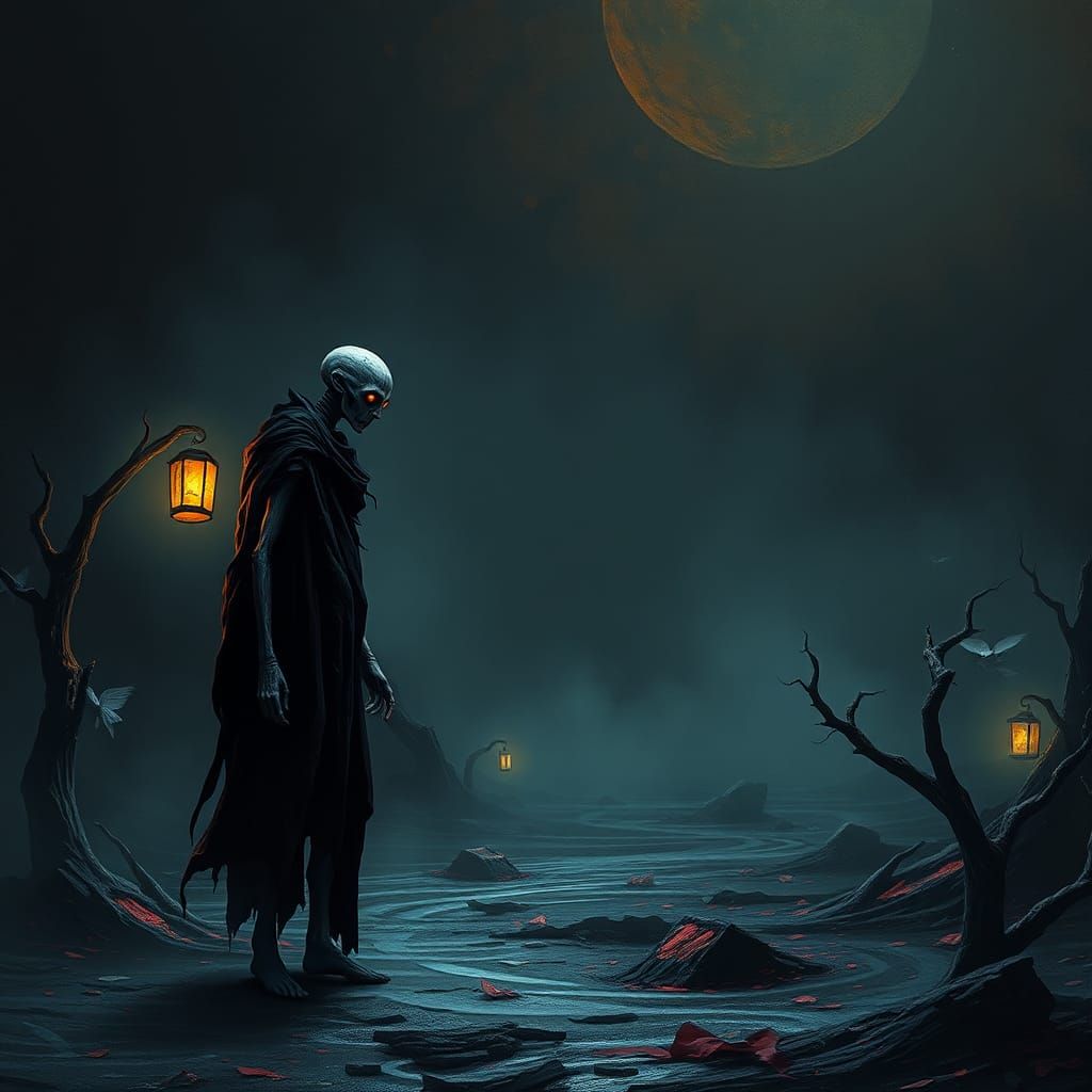 Haunting Figure in Surreal Landscape: Dark Art