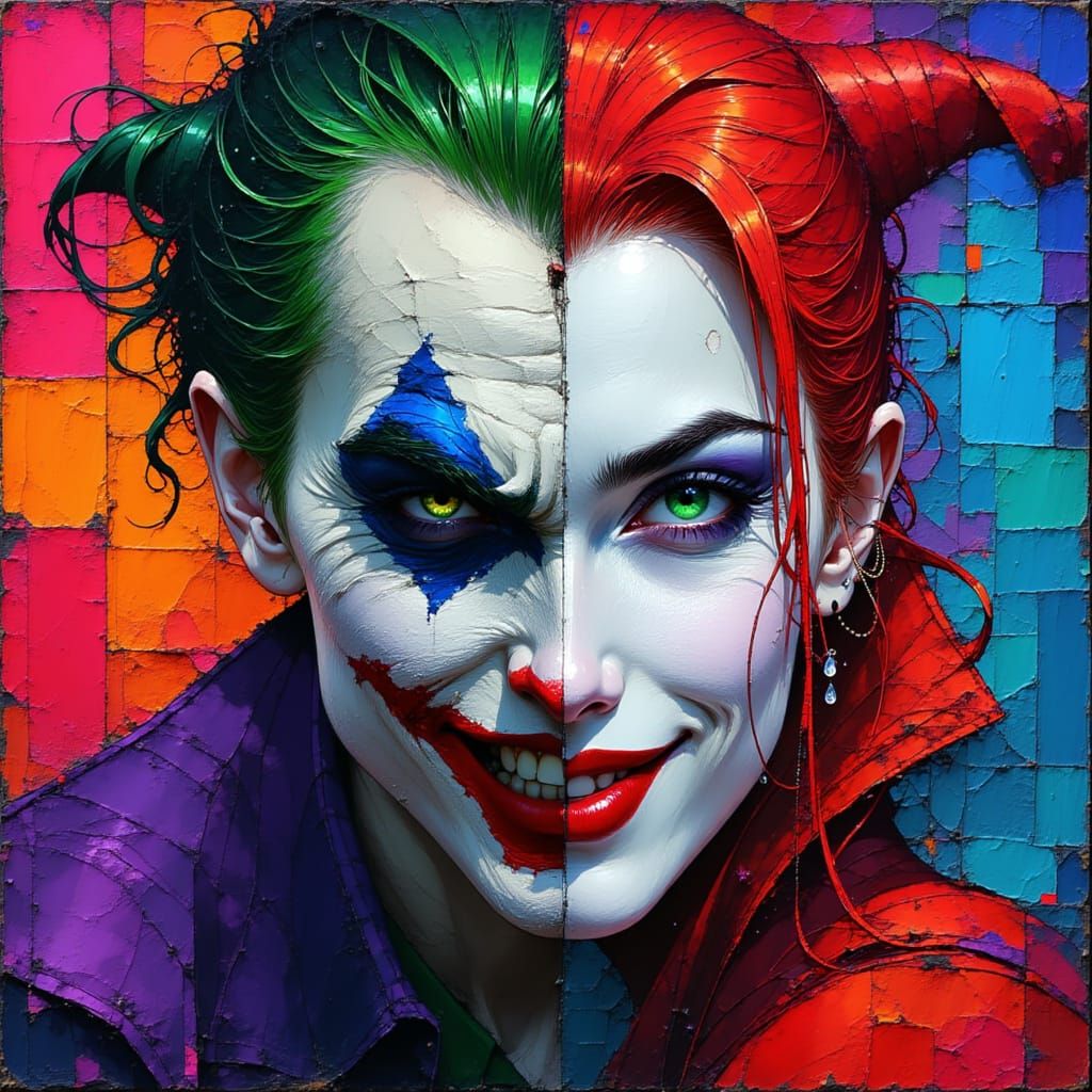 Joker and Harley Quinn Face Merge in Holographic Style