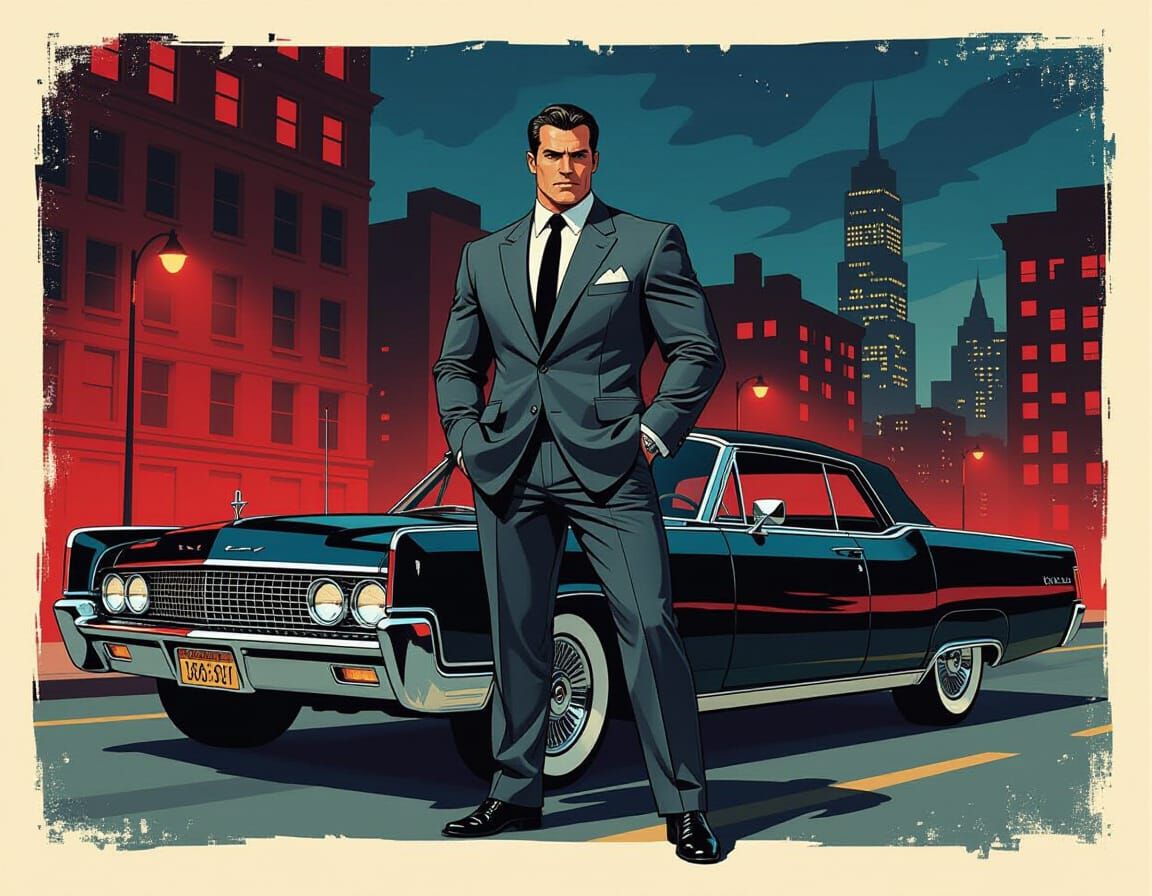 Hyper-Muscular Man with 1967 Lincoln in Retro Noir Style