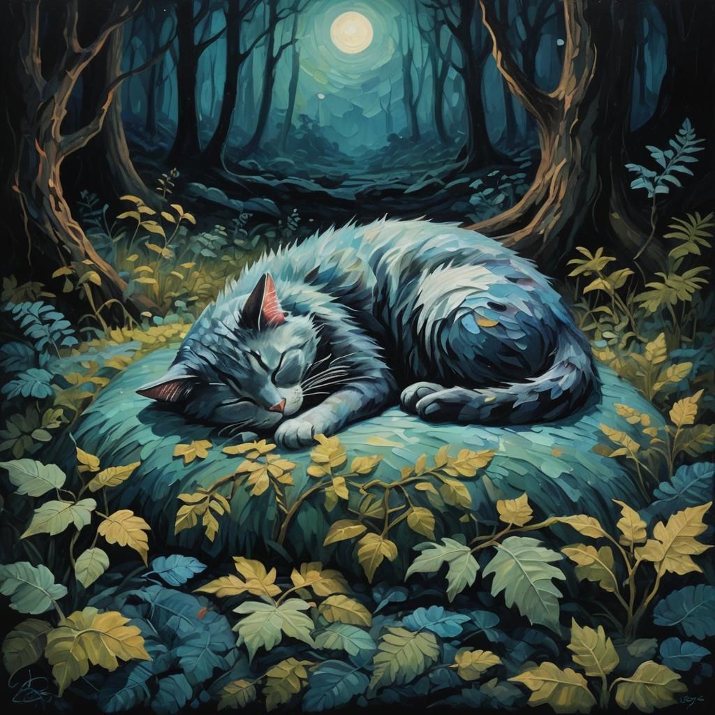 Bioluminescent Cat Sleeping Peacefully in Mystical Forest