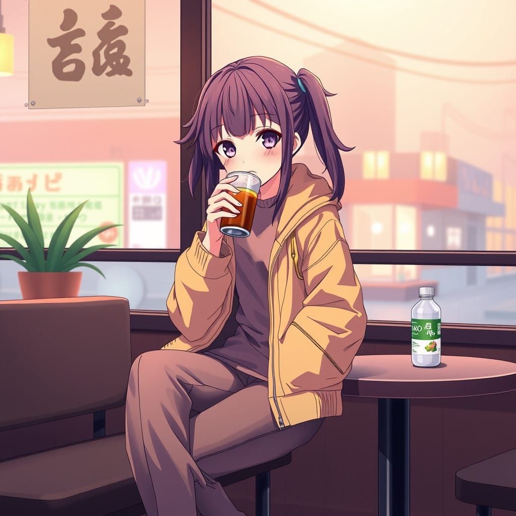 A Girl Sipping Boba Tea in a Cozy Anime Setting