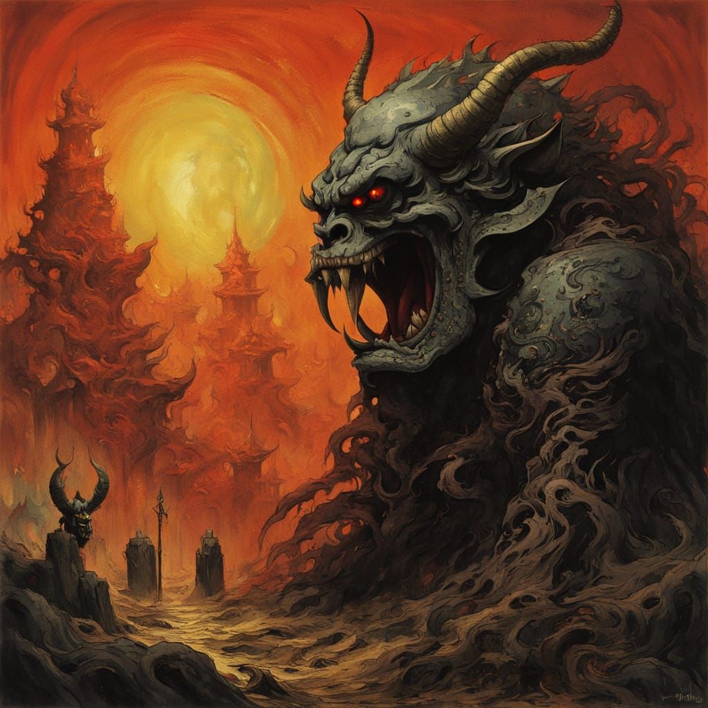 Crimson Oni in Hellish Horror Landscape