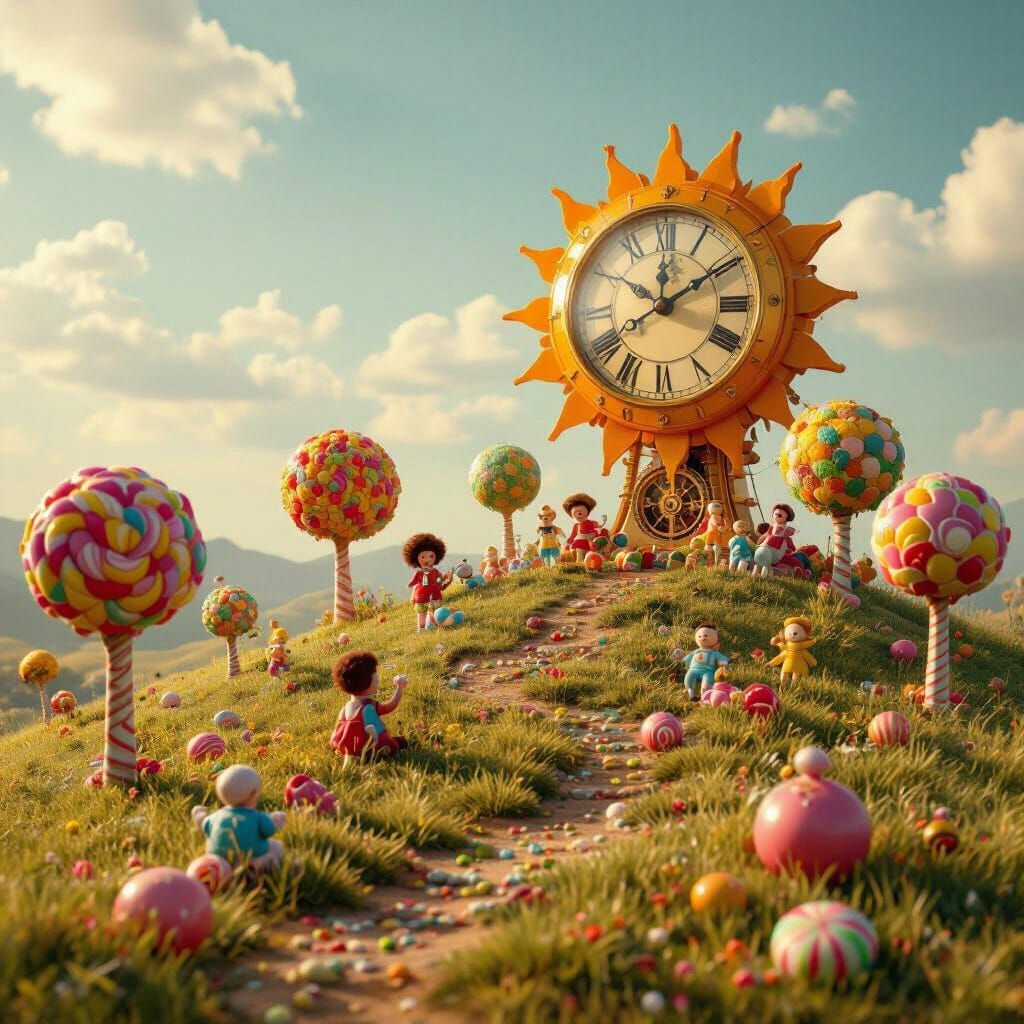 Whimsical Toy Landscape with Clockwork Sun