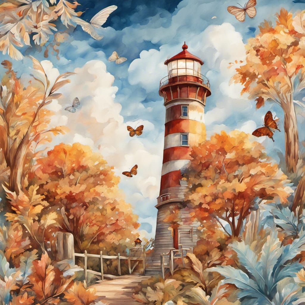 Enchanted Autumn Lighthouse with Palm Trees, Gouache Style