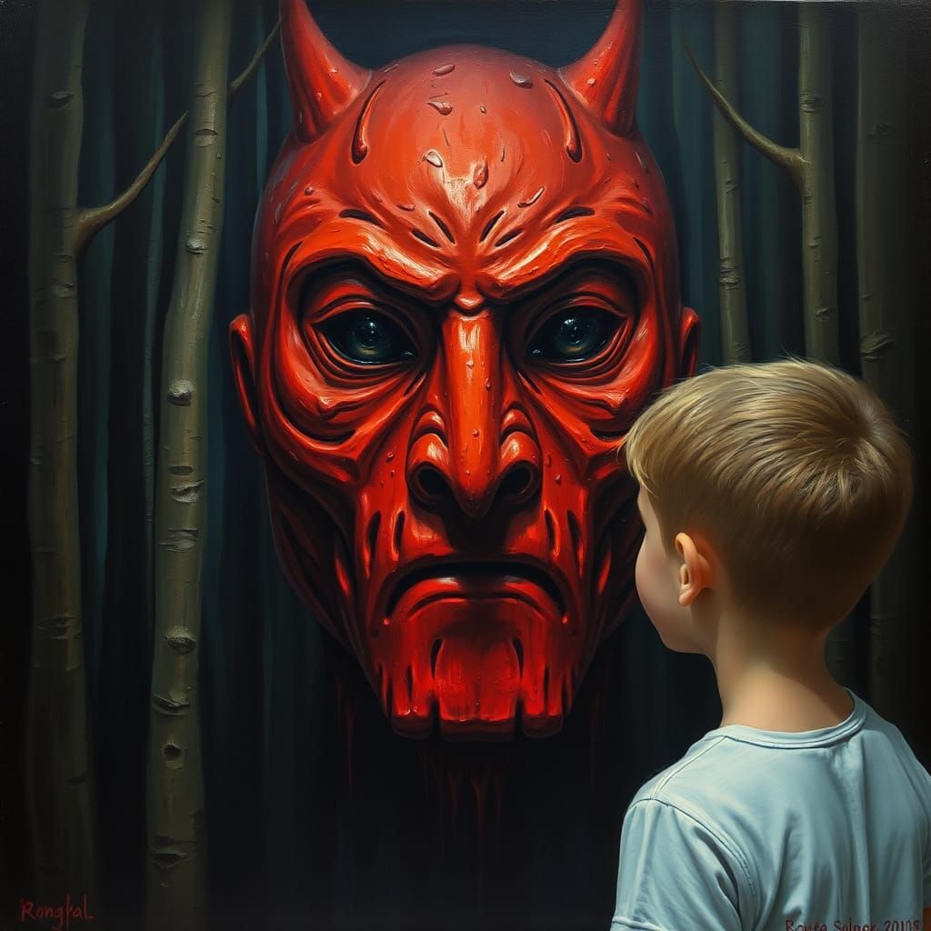 Surreal Masked Figure in Dark Forest, Oil Painting