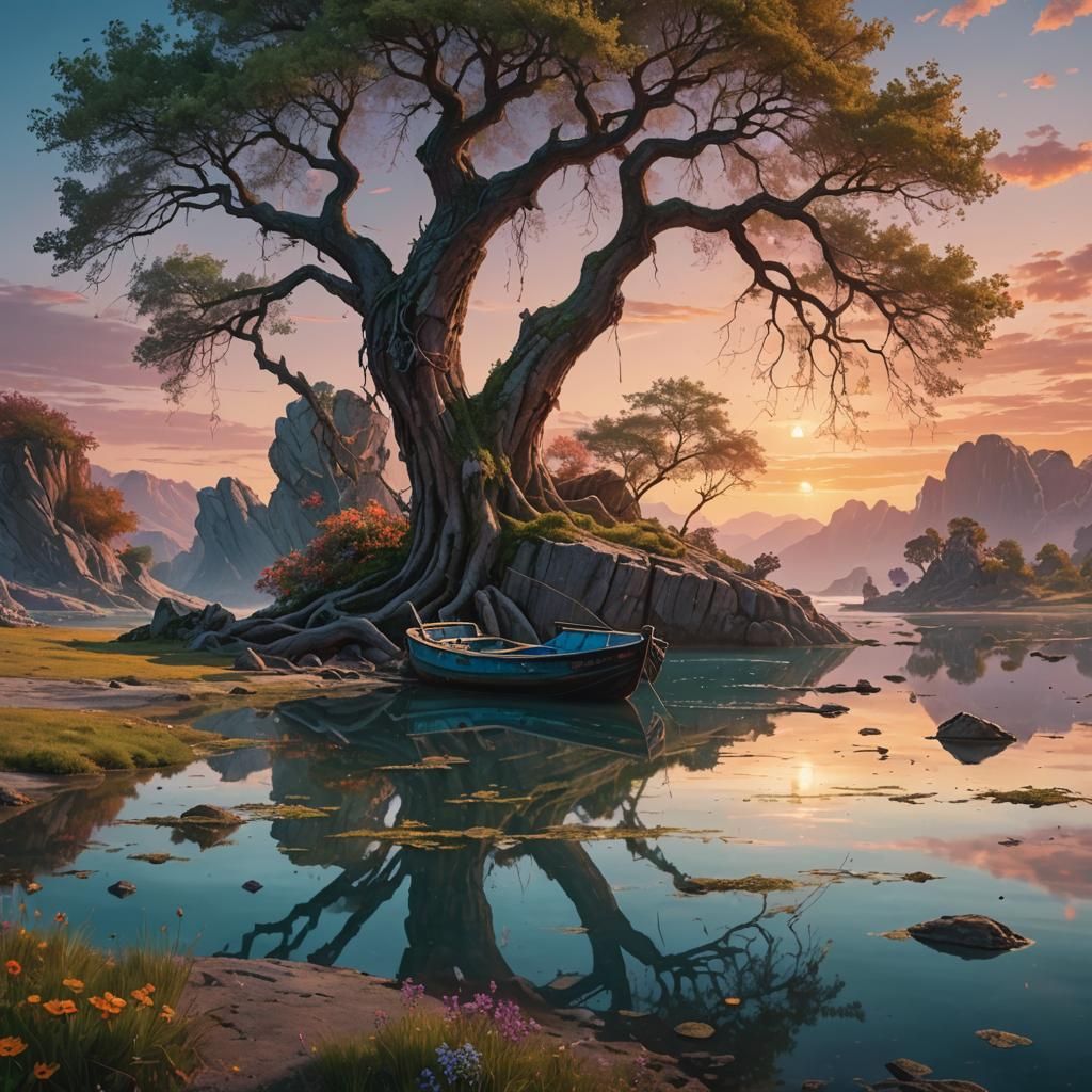 Tropical Lagoon Sunset with Leaning Tree