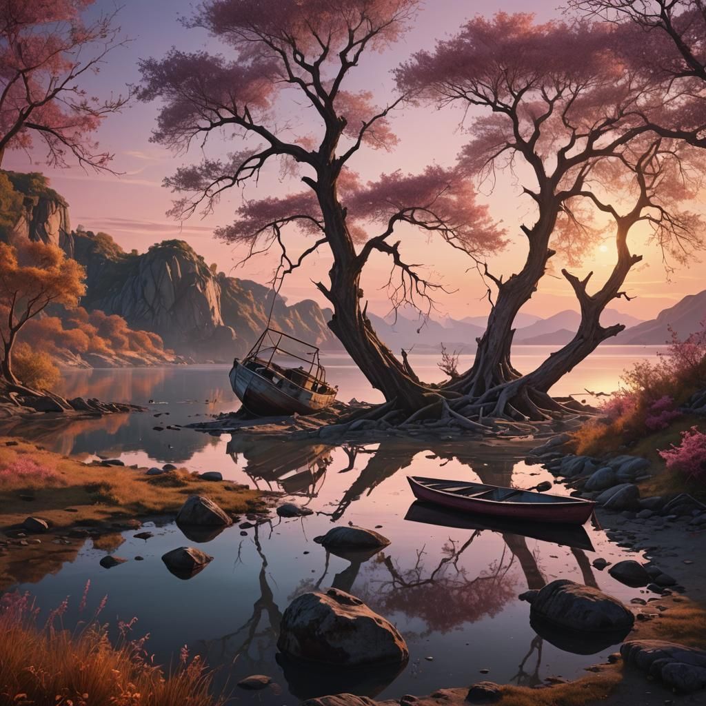 Lagoon Scene with Rocks and Boat in Fantasy Style