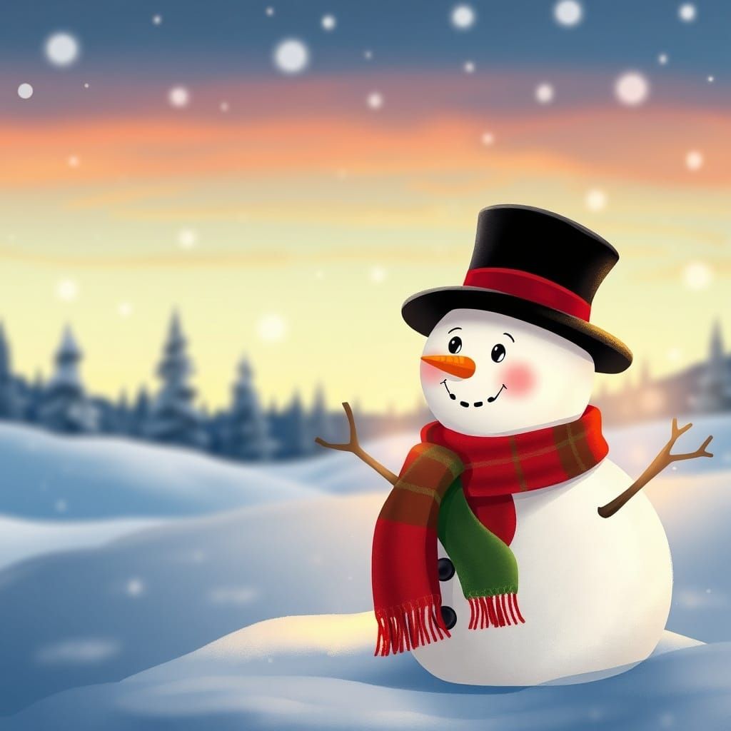 Cheerful Snowman in Winter Landscape with Festive Twilight