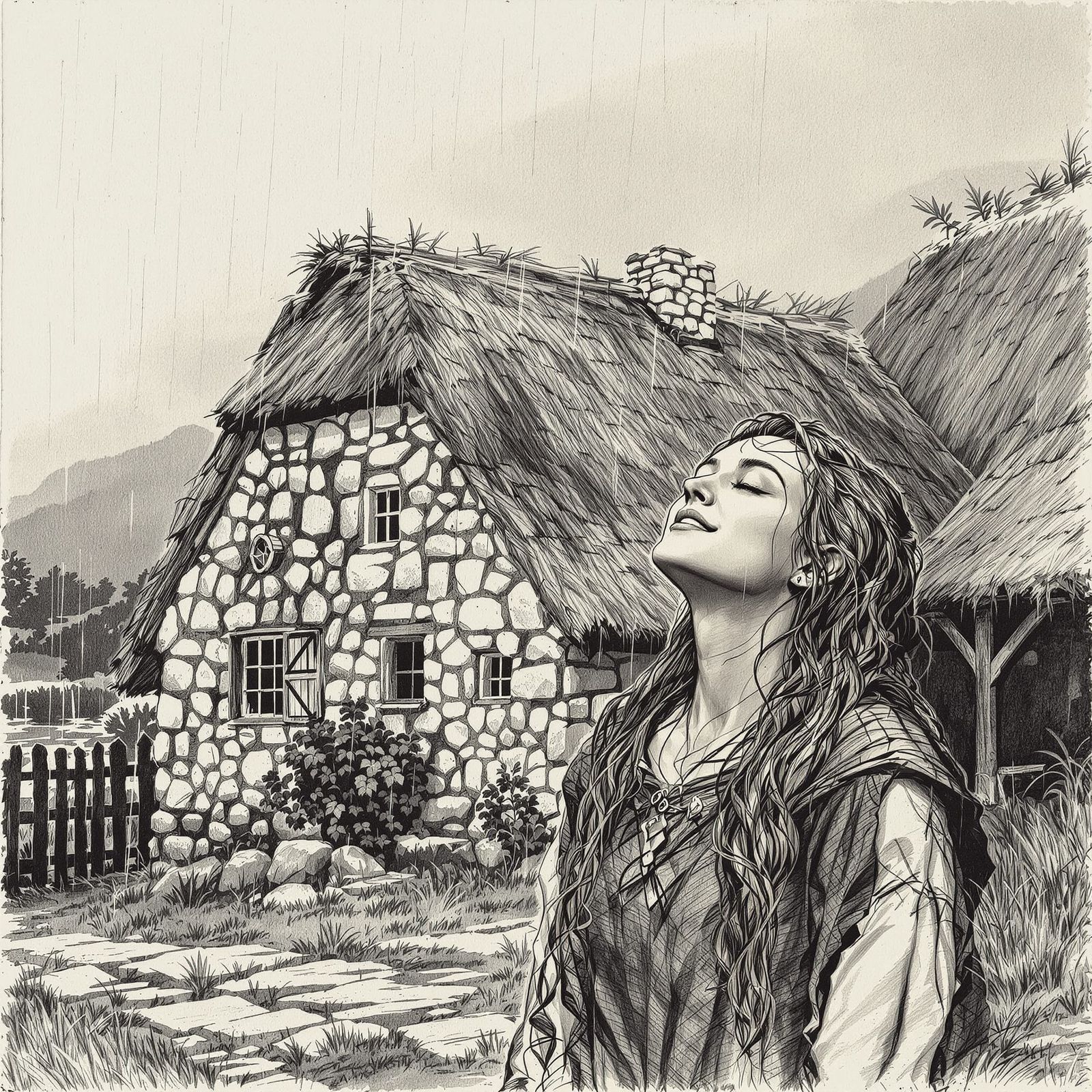 Scottish Woman in Rain: Vintage Charcoal Illustration