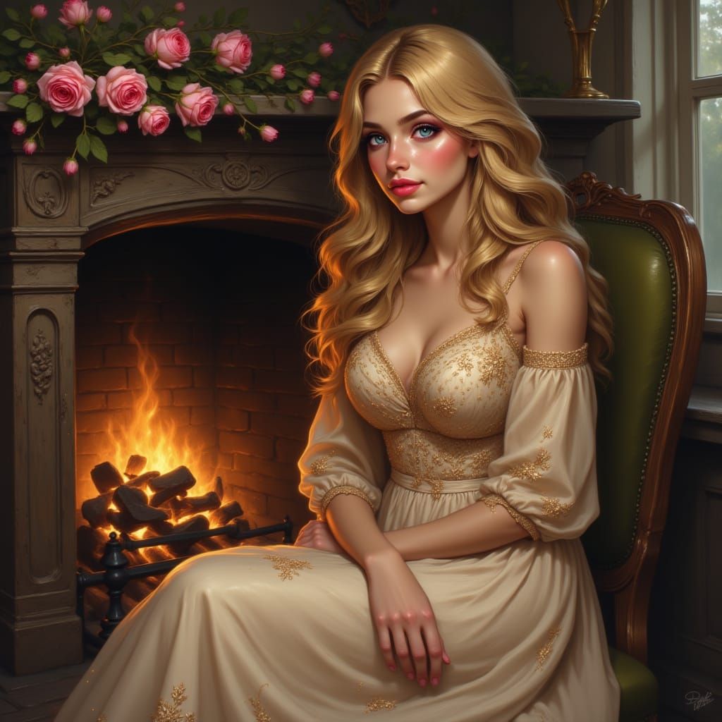 Woman in Flowing Dress by Fireplace, Vintage Ambiance
