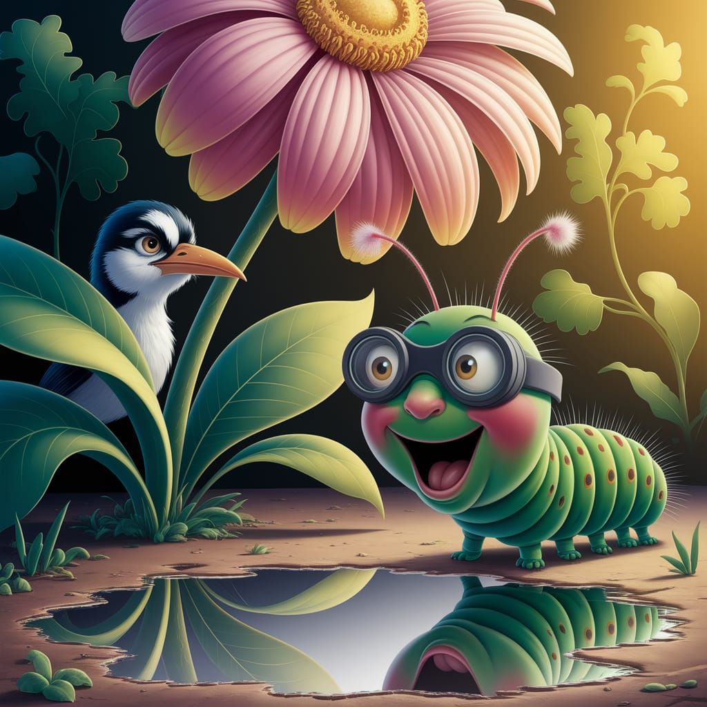 Caterpillar Gazing at Reflection in Whimsical Style