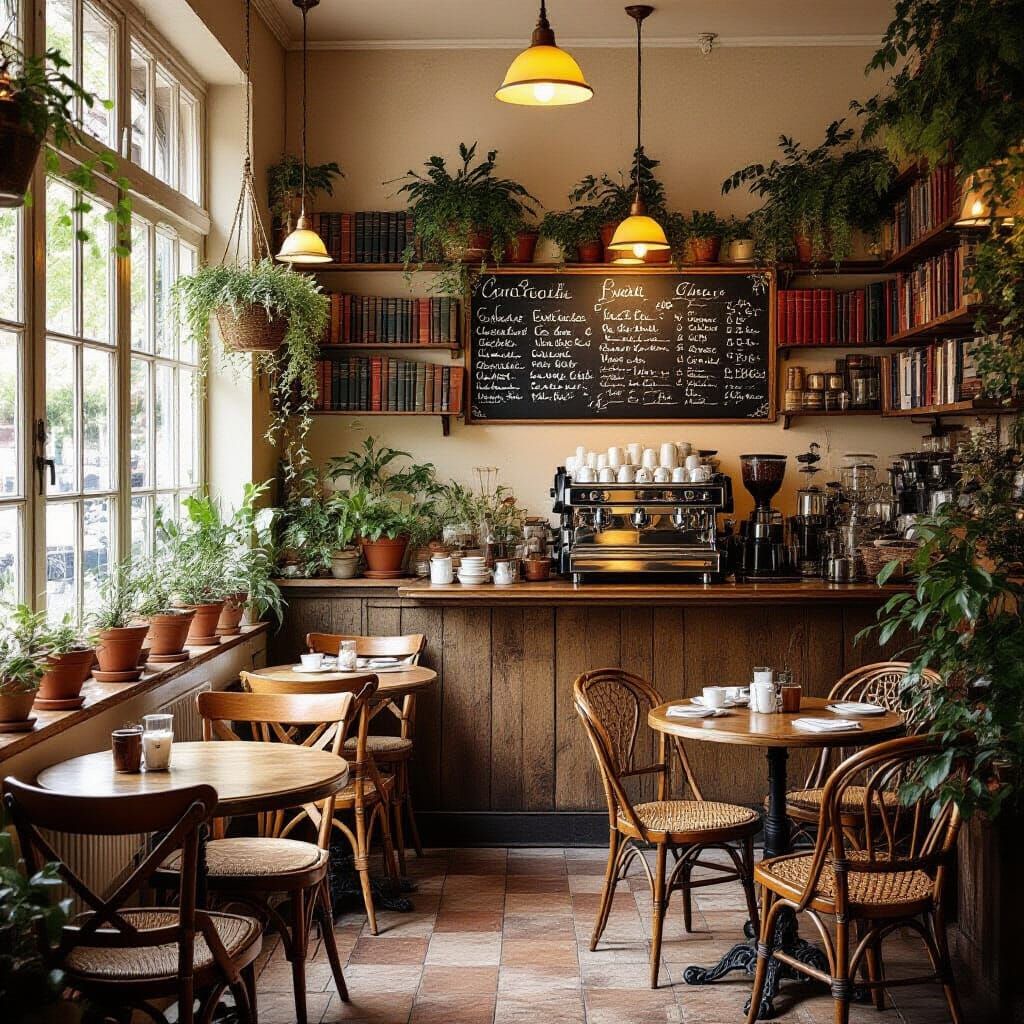 Cozy Cafe Interior with Rustic Vintage Charm