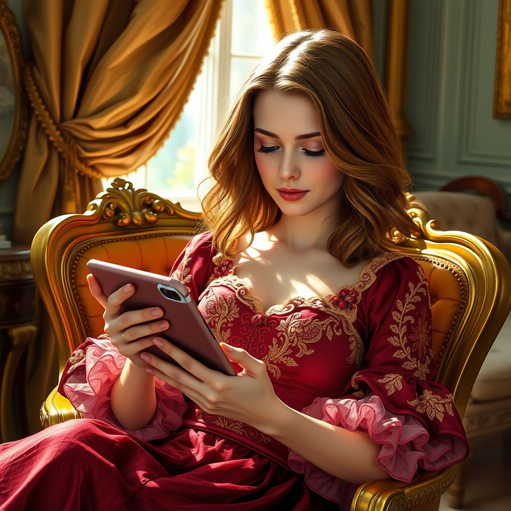Woman in Rococo Dress Playing iPad Game