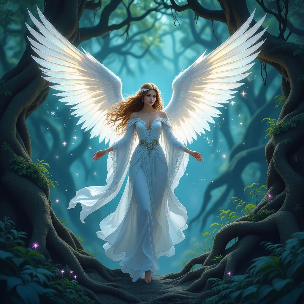 Ethereal Angel Descends Into Ancient Forest: Art Nouveau
