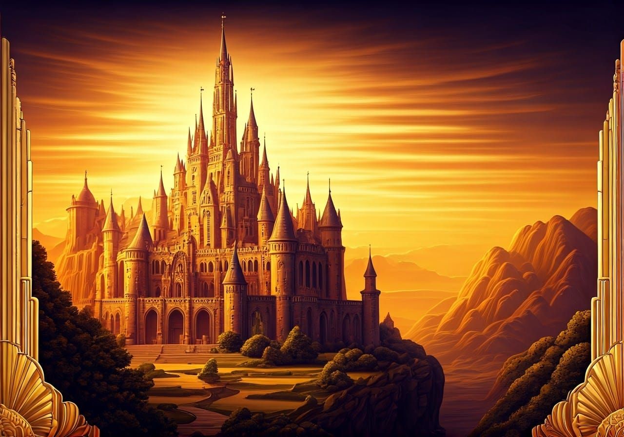 Art Deco Medieval Castle at Sunset