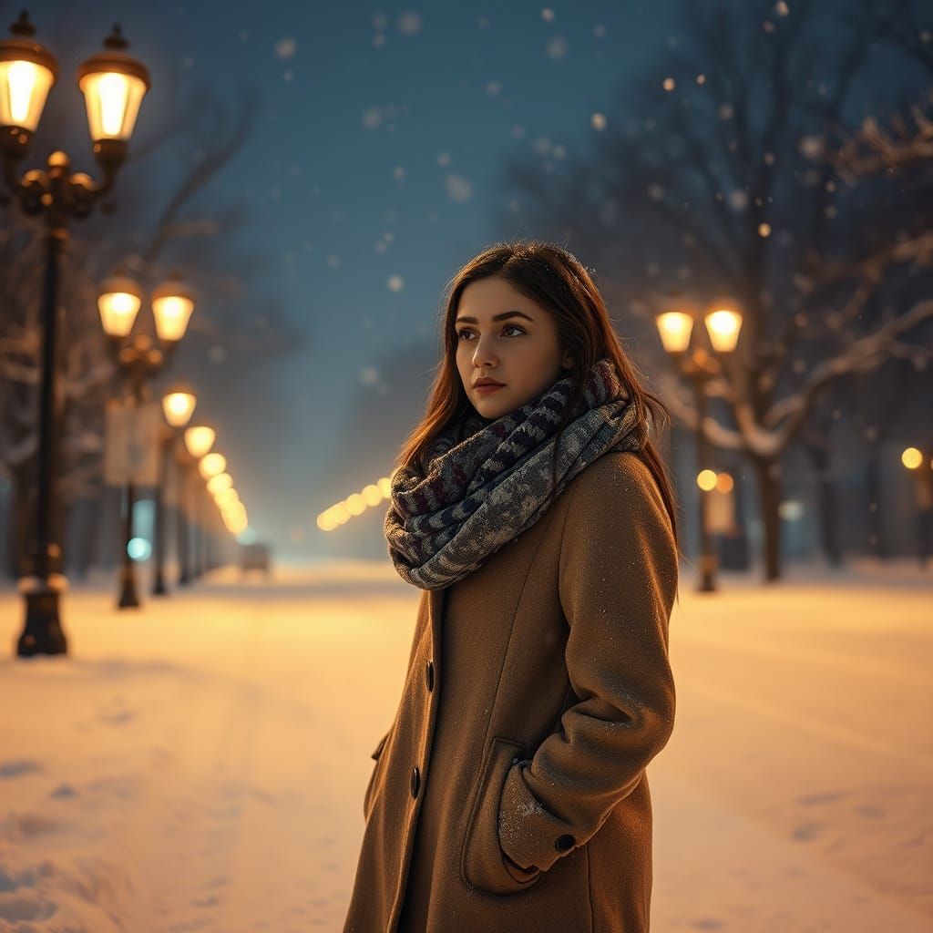 Snowy Park Night: Woman in Cinematic Lighting