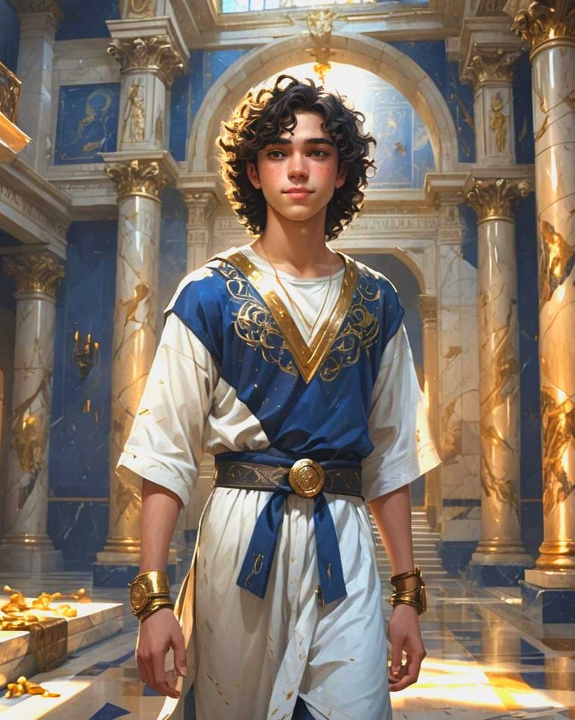 Smiling Boy with Golden Eyes in Detailed Matte Painting