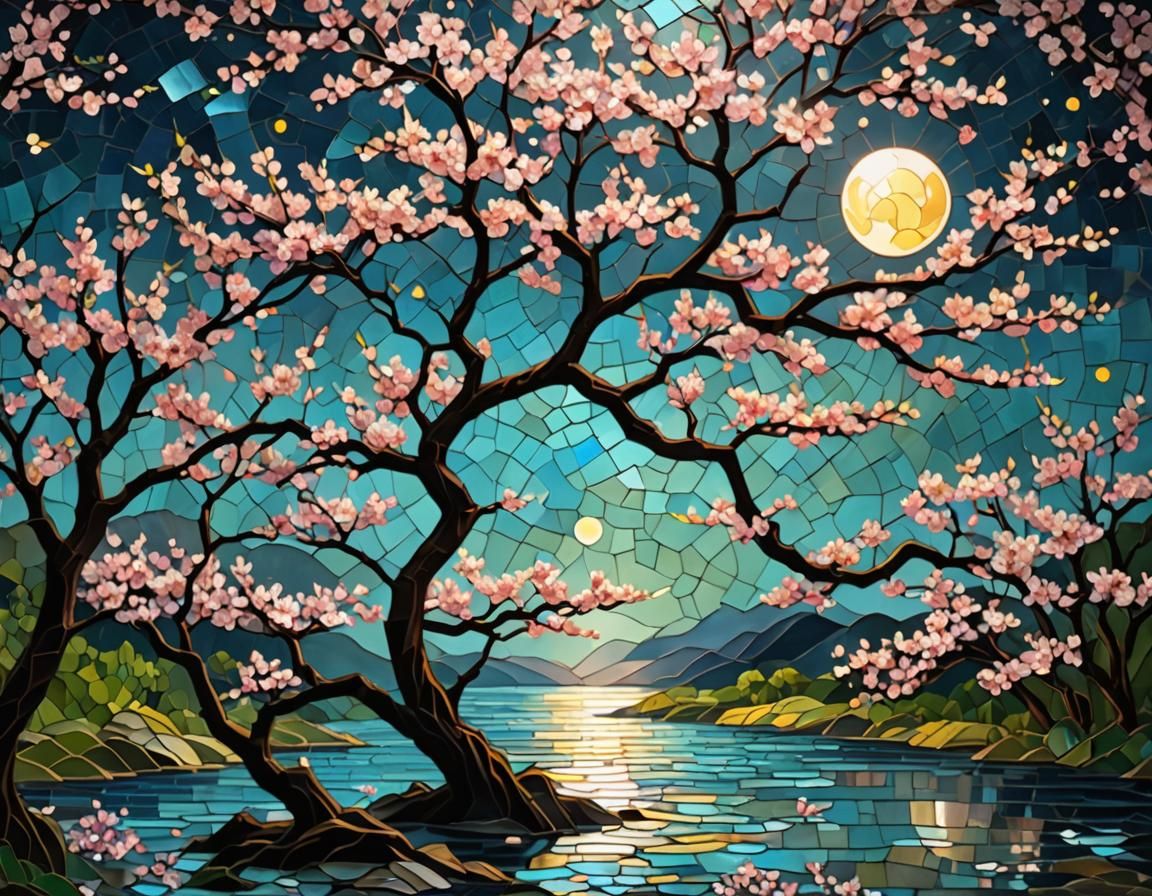 Dreamy Sakura Tree in Mosaic Stained Glass Art