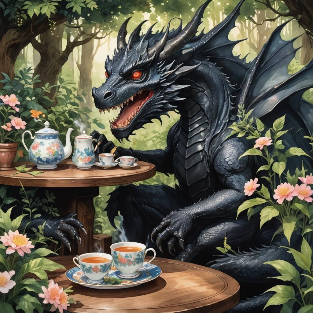 Dragon and Jabberwock Tea Party in Ghibli Style