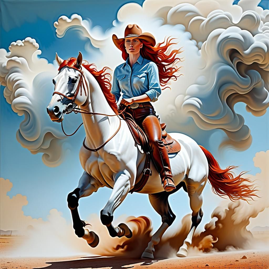 Red-Haired Cowgirl on Charging Horse in Surreal Style