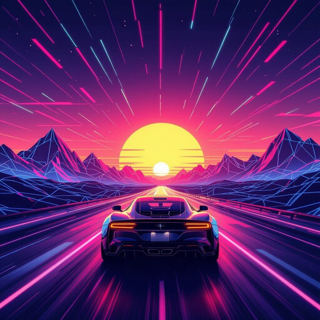 80s Synthwave Highway Scene with Chrome Car and Neon Sunset